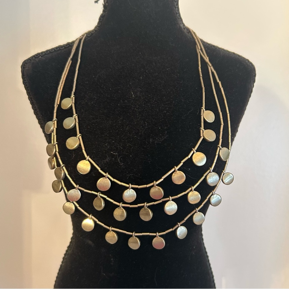 Liz Claiborne Matte Gold Multi-Layer Necklace With Round Circle Charms Beaded